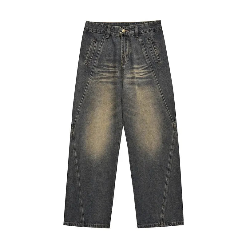 Blue washed distressed stitching straight loose wide-leg jeans for men, cotton denim, mid waist