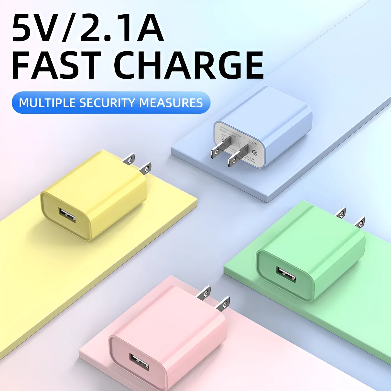 Macaron colour American standard USB charger in four shades: pink, green, blue, yellow with single USB port