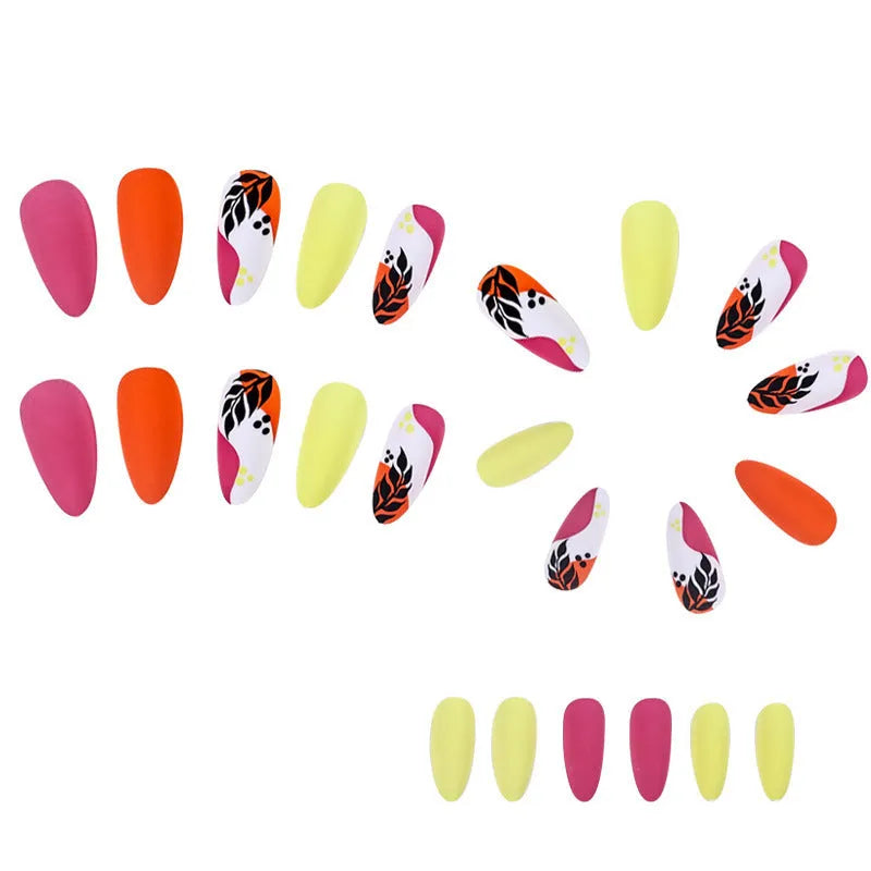 Wear Armour medium almond shaped frosted nail stickers showing four designs: French leaves, leopard print, macarons, and colour plating.