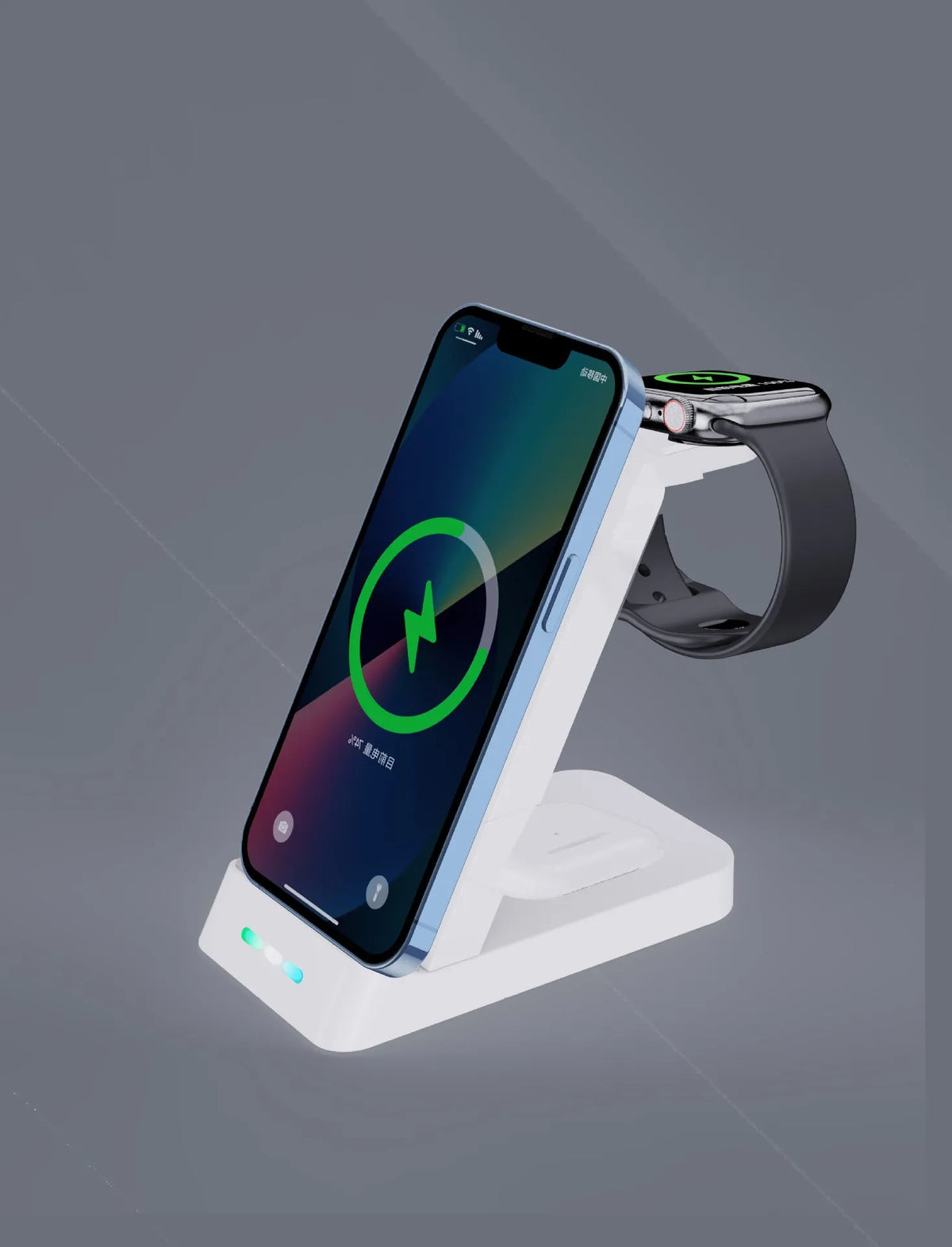 Black and white 65W fast wireless 3-in-1 charging stand for phone, watch, and AirPods on a desk.