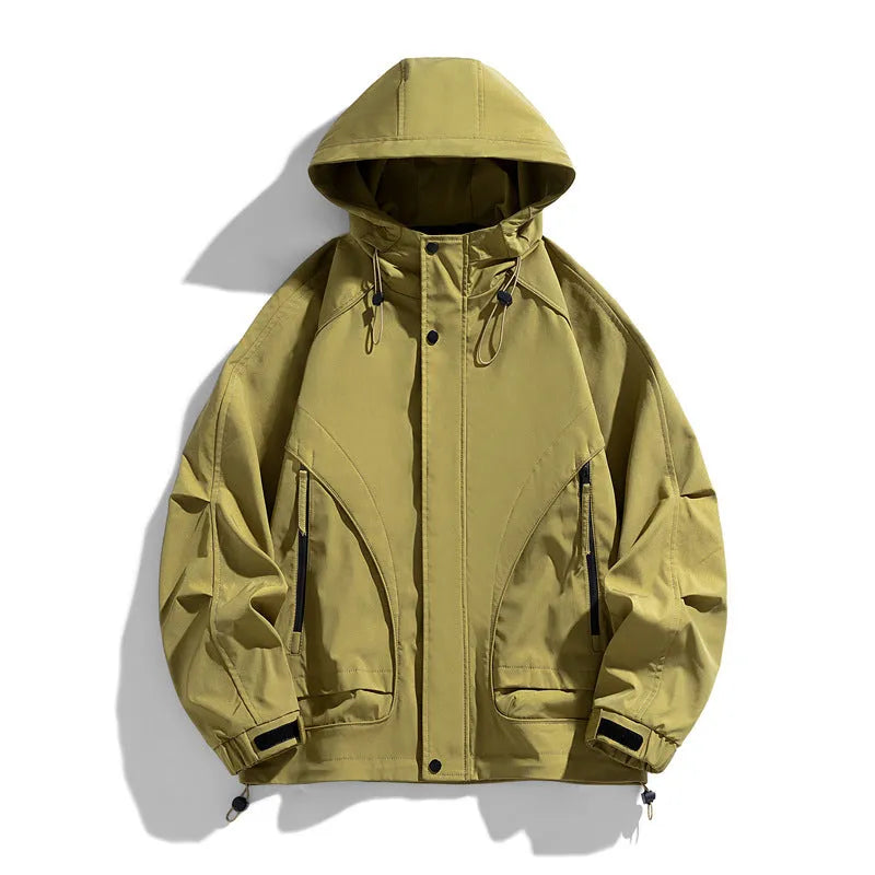 Loose fit windproof hooded jacket in black rabbit fur and modal fabric with zippered pockets.