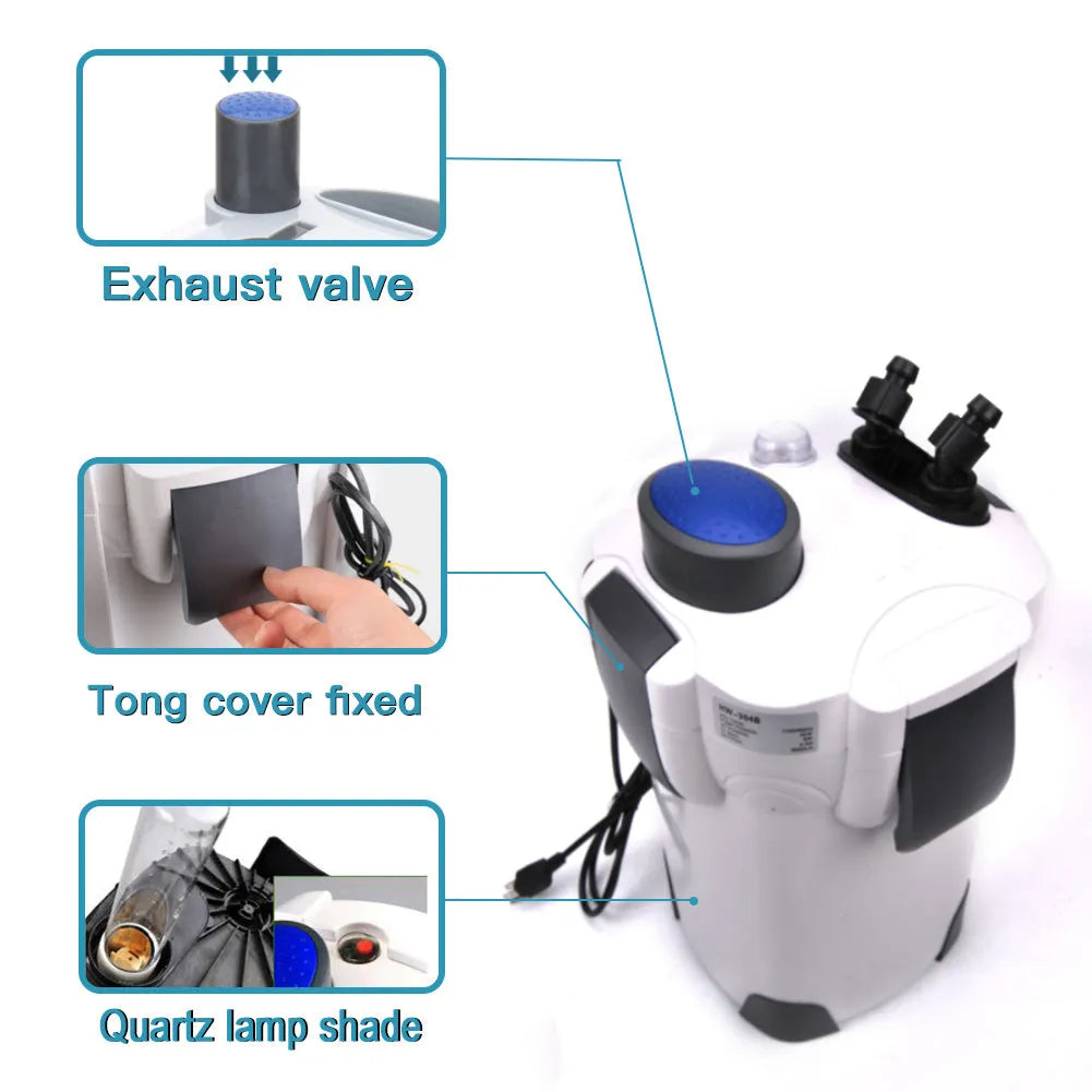 HW-304B external canister filter with UV lamp for aquarium water purification, 525 GPH, 200 gallon