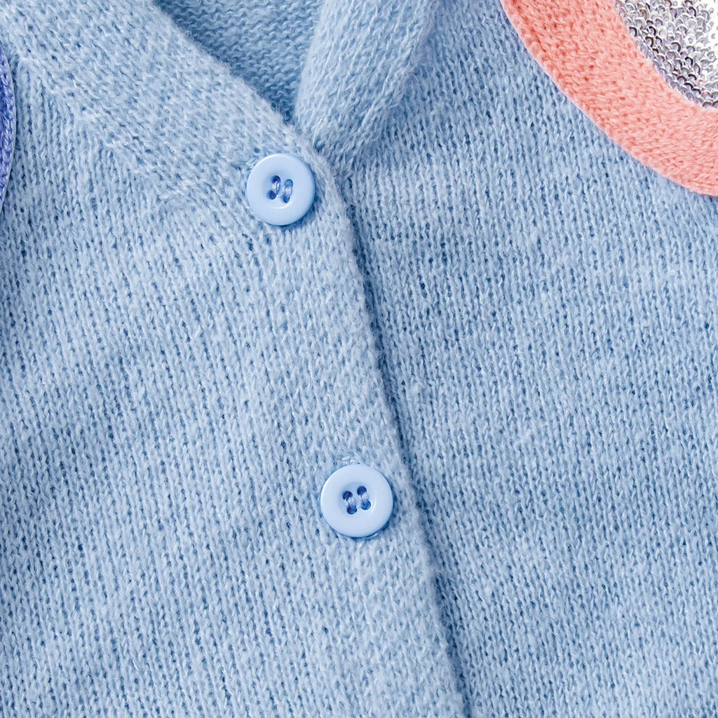 Girls' long sleeve sweater in blue cotton viscose blend with single breasted closure
