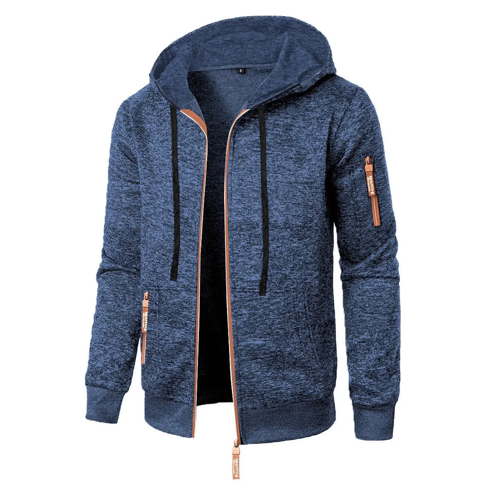 Men's polyester jacquard hooded coat, solid colour, straight cardigan style, sizes S to 3XL