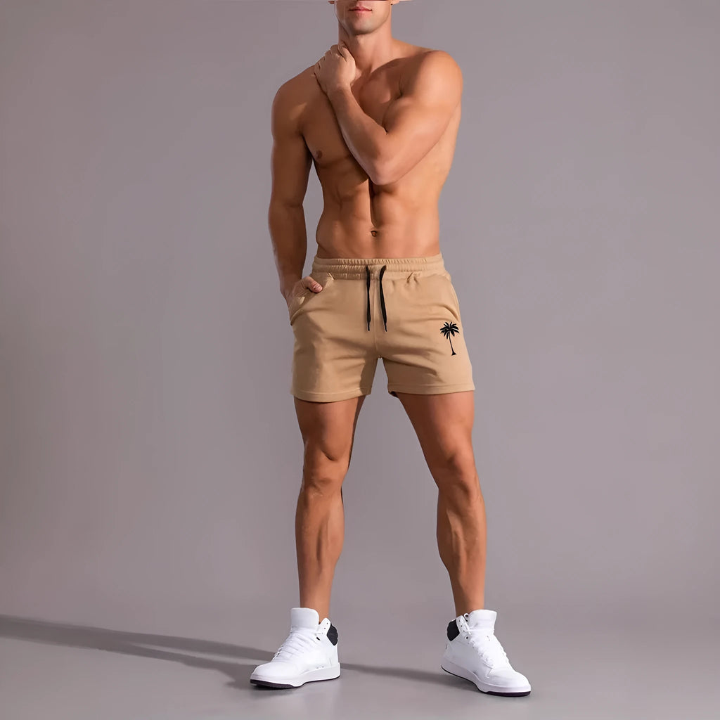 Men's khaki coconut print sports shorts with elastic waistband