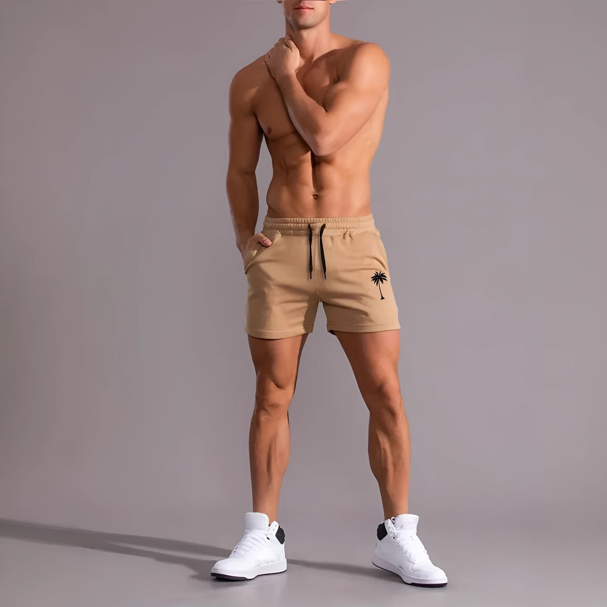 Men's khaki coconut print sports shorts with elastic waistband