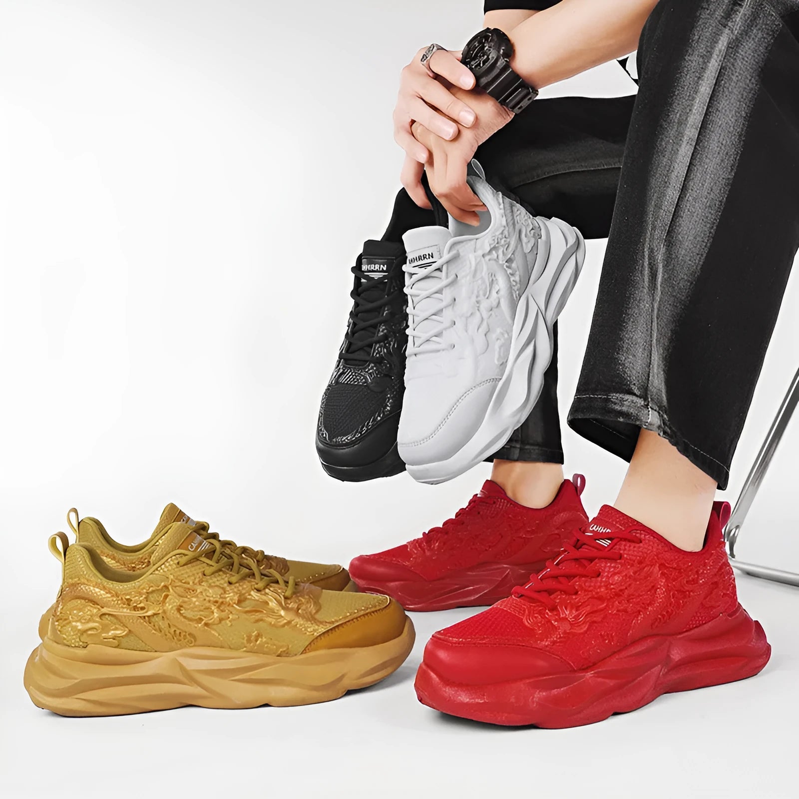 Men's casual fly knit sneakers in a Chinese dragon design with a rubber sole.