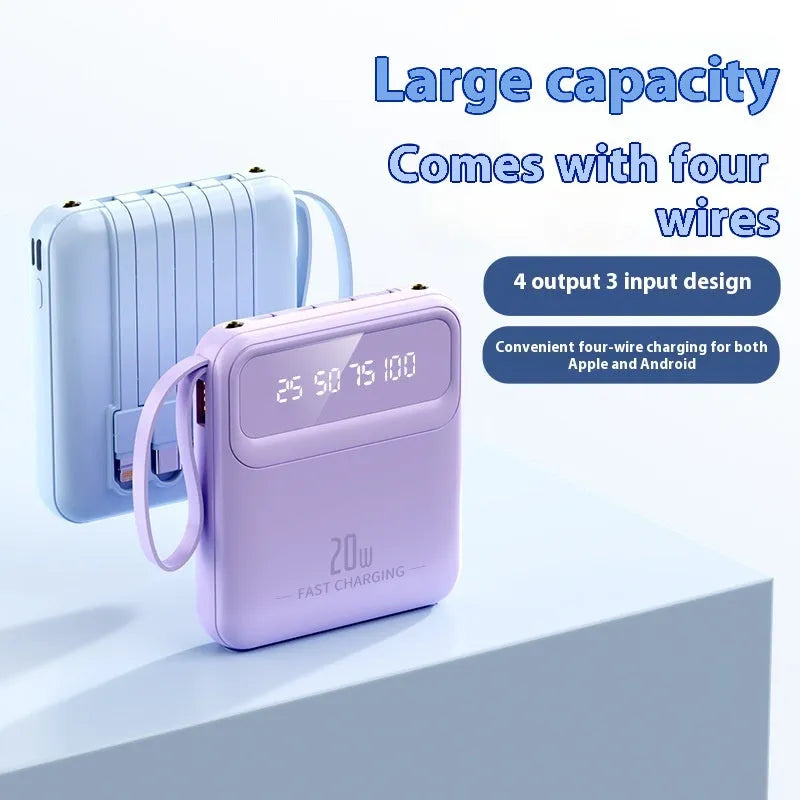 Power bank with four built-in lines and digital display, 89x79x27mm, in black, beige, blue, purple, green, or rose red