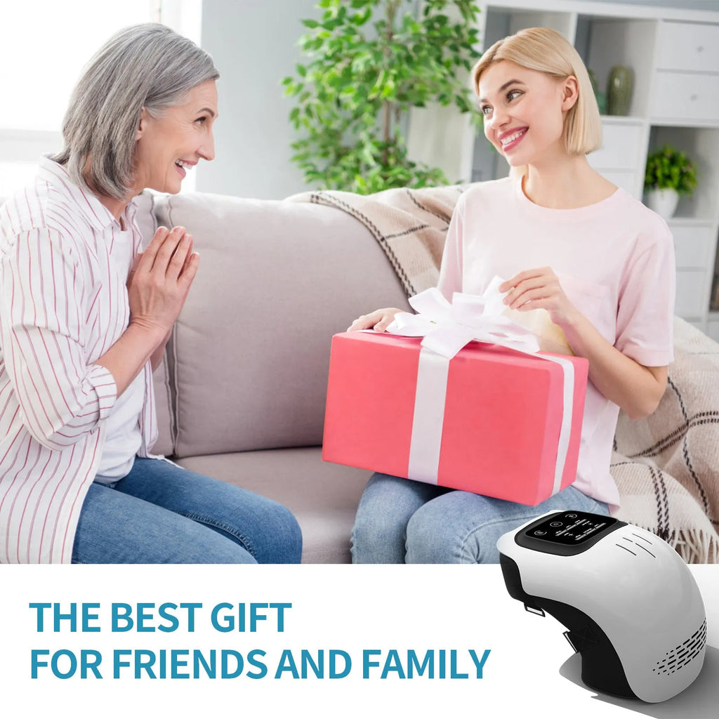 Rechargeable electric knee massager in white or wood colour with USB charging cable