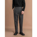 Men's straight-leg business casual trousers in polyester fabric, shown in black, brown, dark gray, or khaki.