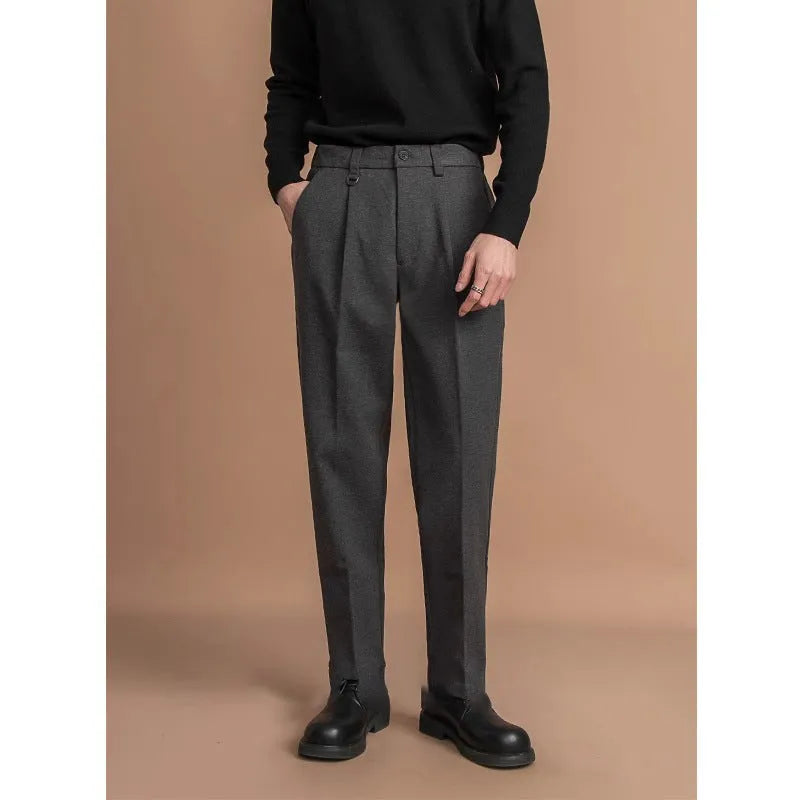Men's straight-leg business casual trousers in polyester fabric, shown in black, brown, dark gray, or khaki.
