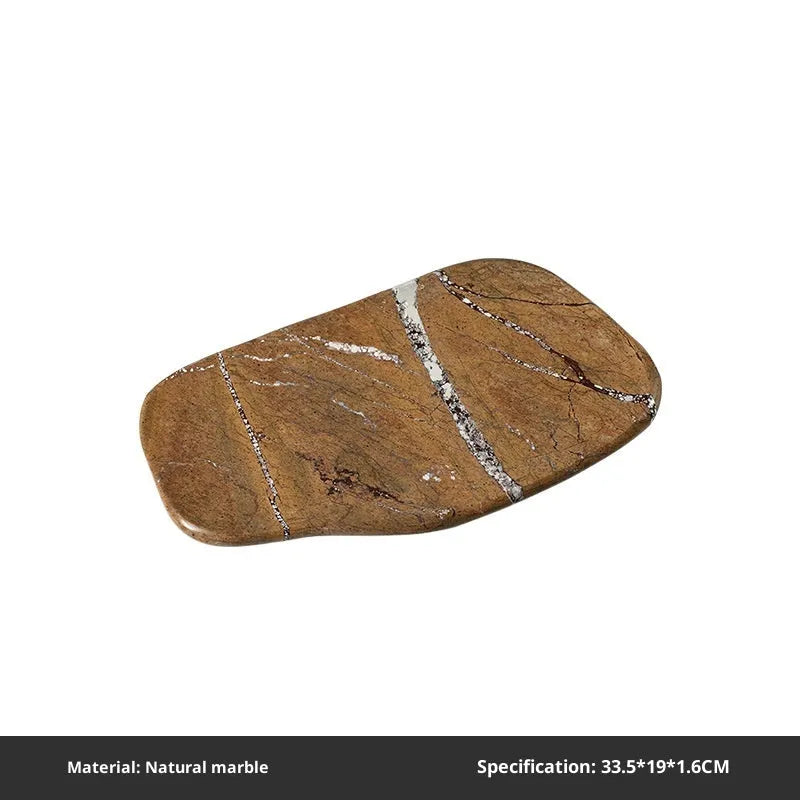 Natural marble irregular decorative tray in coffee colour on a wooden table, 33.5x19x1.6cm polished stone finish