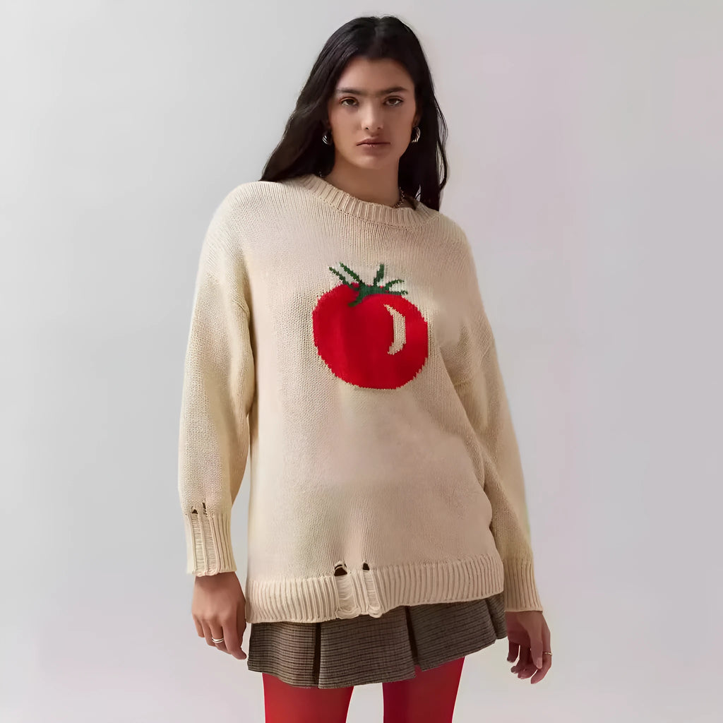 Women's loose-fitting acrylic jacquard pullover sweater in milky white with round neck and long sleeves