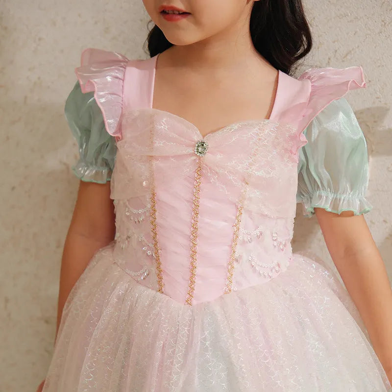 Cotton girls princess dress puff sleeve mermaid solid colour flower print suitable height 100cm