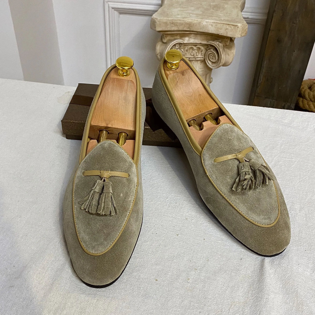 Pair of brown suede slip on loafers made from genuine cowhide leather for men