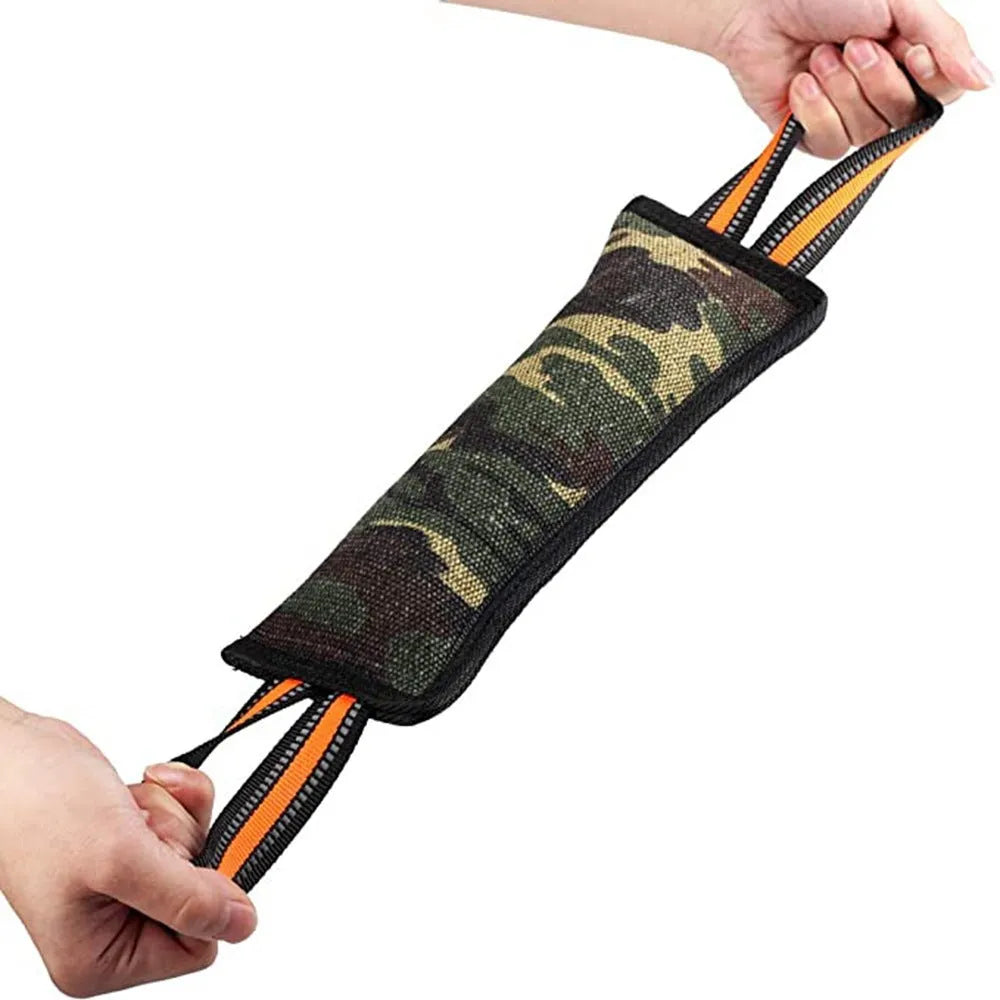 Reflective jute dog training bite stick 55cm with yellow edge on plain background