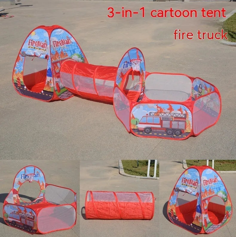 Children's three-in-one cloth play tent set with ball pool and tunnel in a cartoon marine or vehicle theme.
