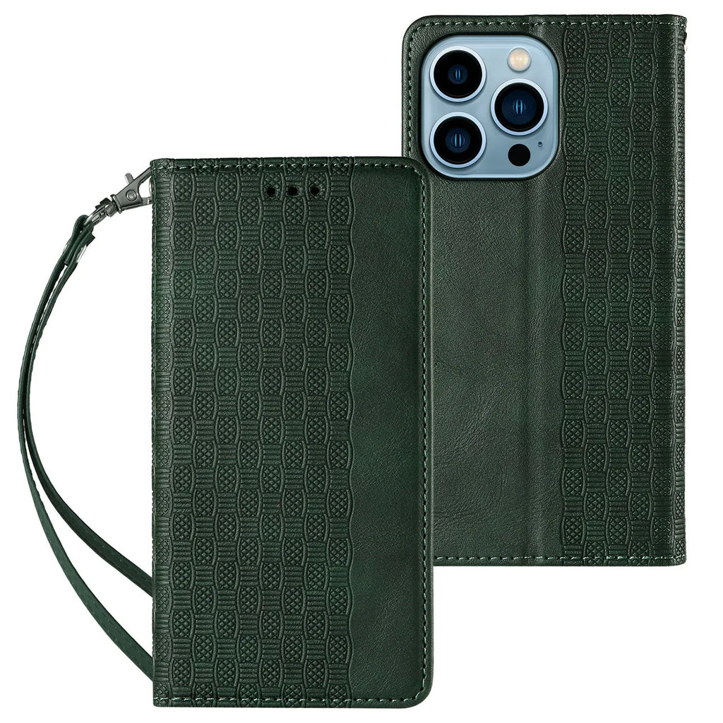 Embossed leather flip phone case for iPhone in black, shown open.