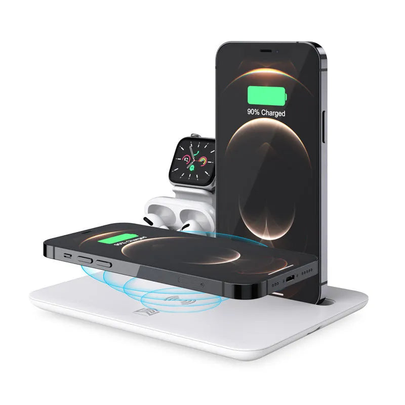 Black wireless charging station for phone, watch and headphones on desk