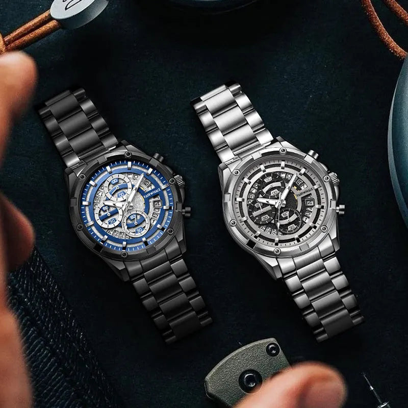Men's waterproof luminous casual quartz watch with a steel belt, shown in black and blue, black and gold, and silver and white colour options.