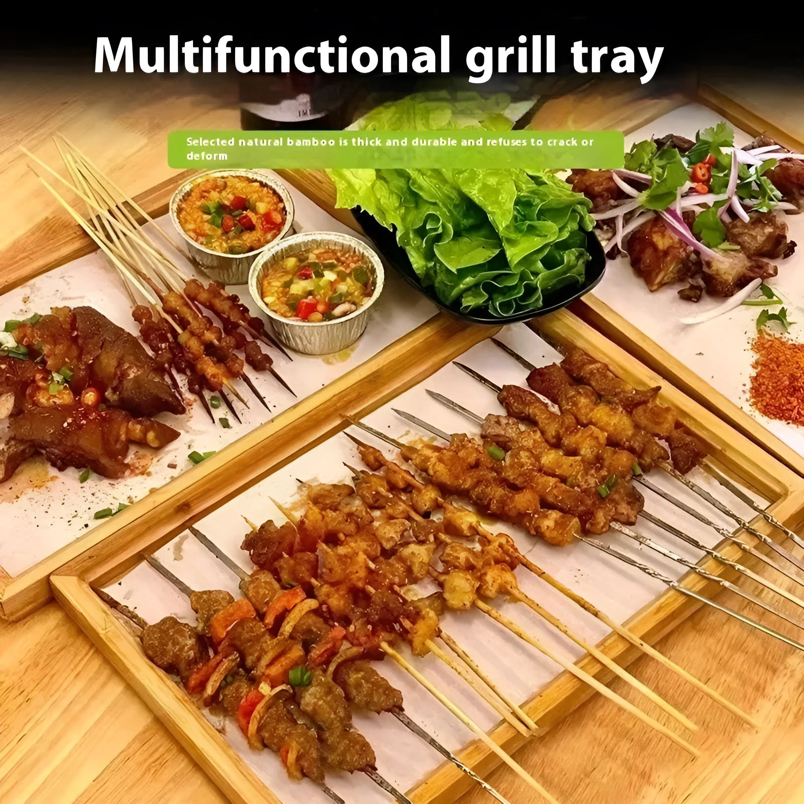 Square bamboo serving tray with brown handle for barbecue shops and restaurants