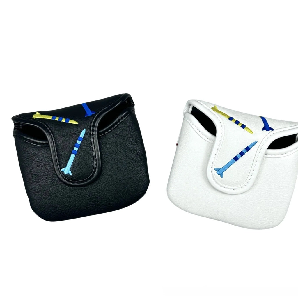 Black and white golf putter protective sleeve with Rocket Pattern Square design made from PU leather