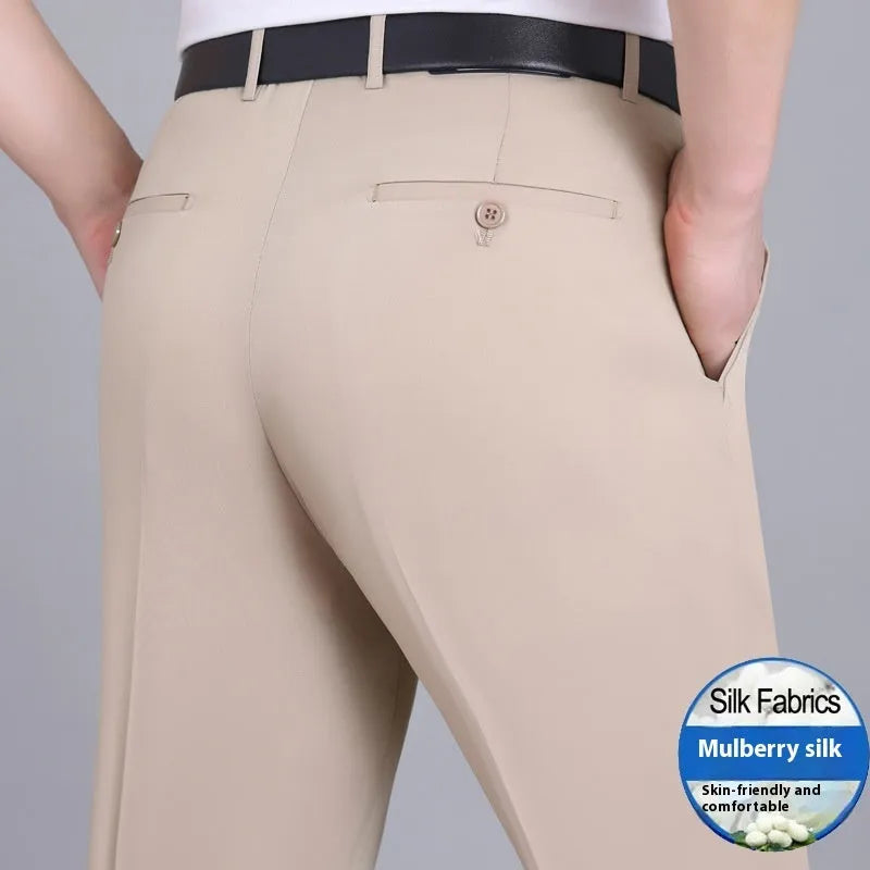 Man's straight-leg high-waisted business trousers in a mulberry silk blend fabric.