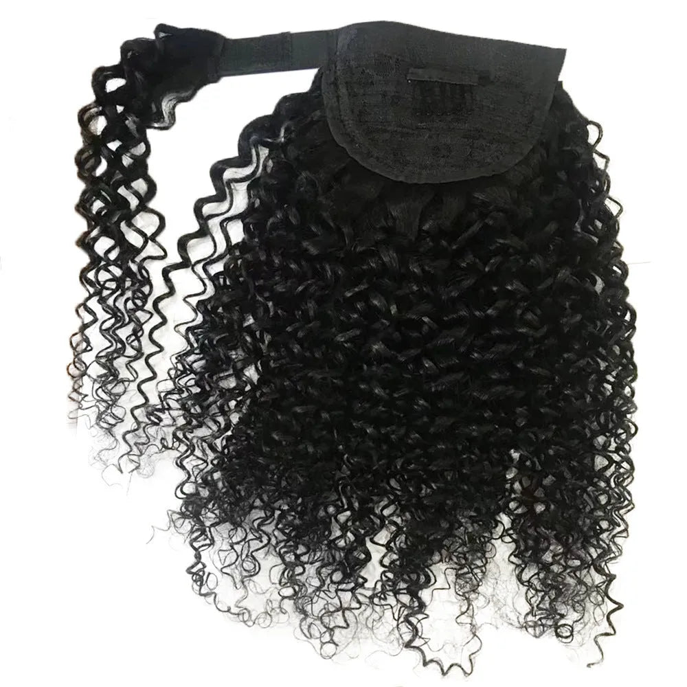 Human hair ponytail with Velcro fastening in natural kinky curly texture on black background