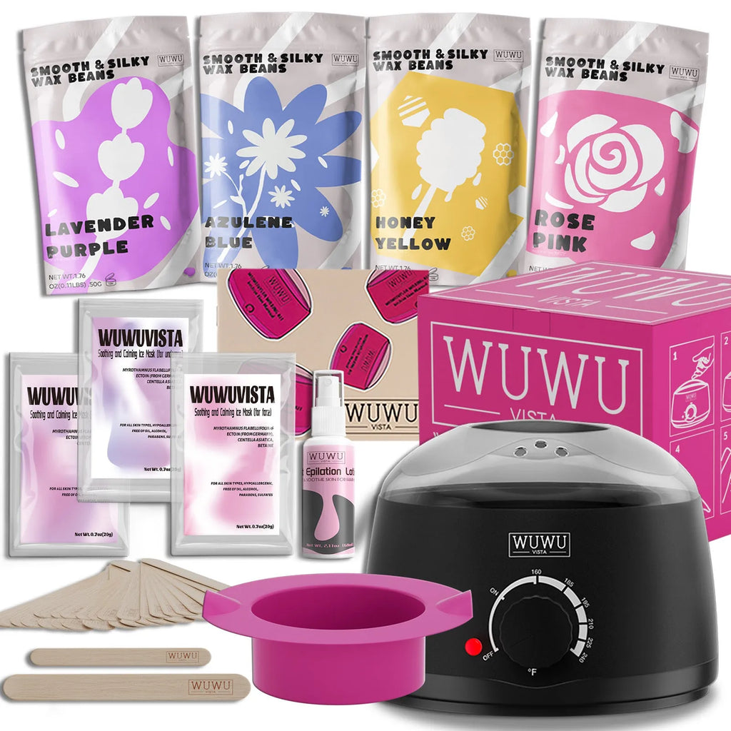 WUWUVISTA 29-piece hard wax kit with compact warmer, wax beans, aftercare lotion, ice masks, and wax sticks