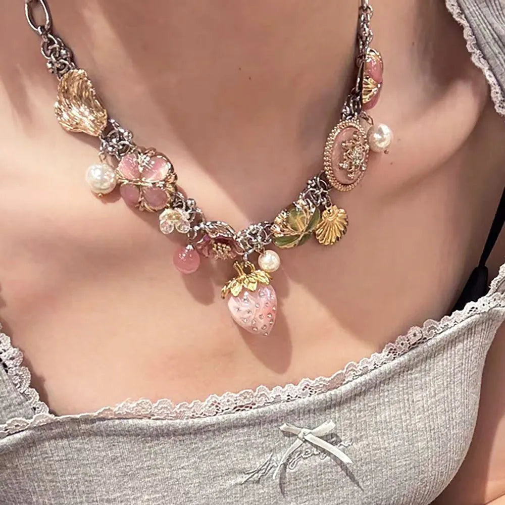 Red strawberry clock butterfly titanium steel necklace with pendant motifs on a single chain