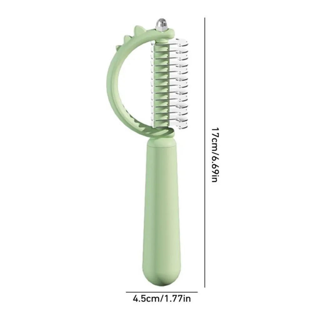 Blue dinosaur-shaped double-sided self-cleaning cat brush for grooming.