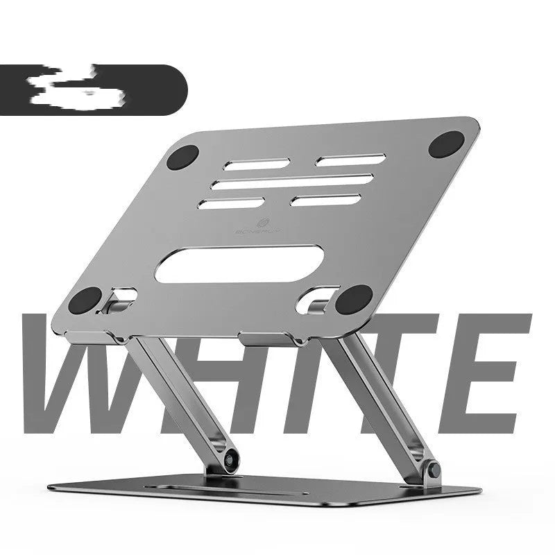 Gray silver aluminum alloy double-layer desktop computer stand with heat sink on a desk