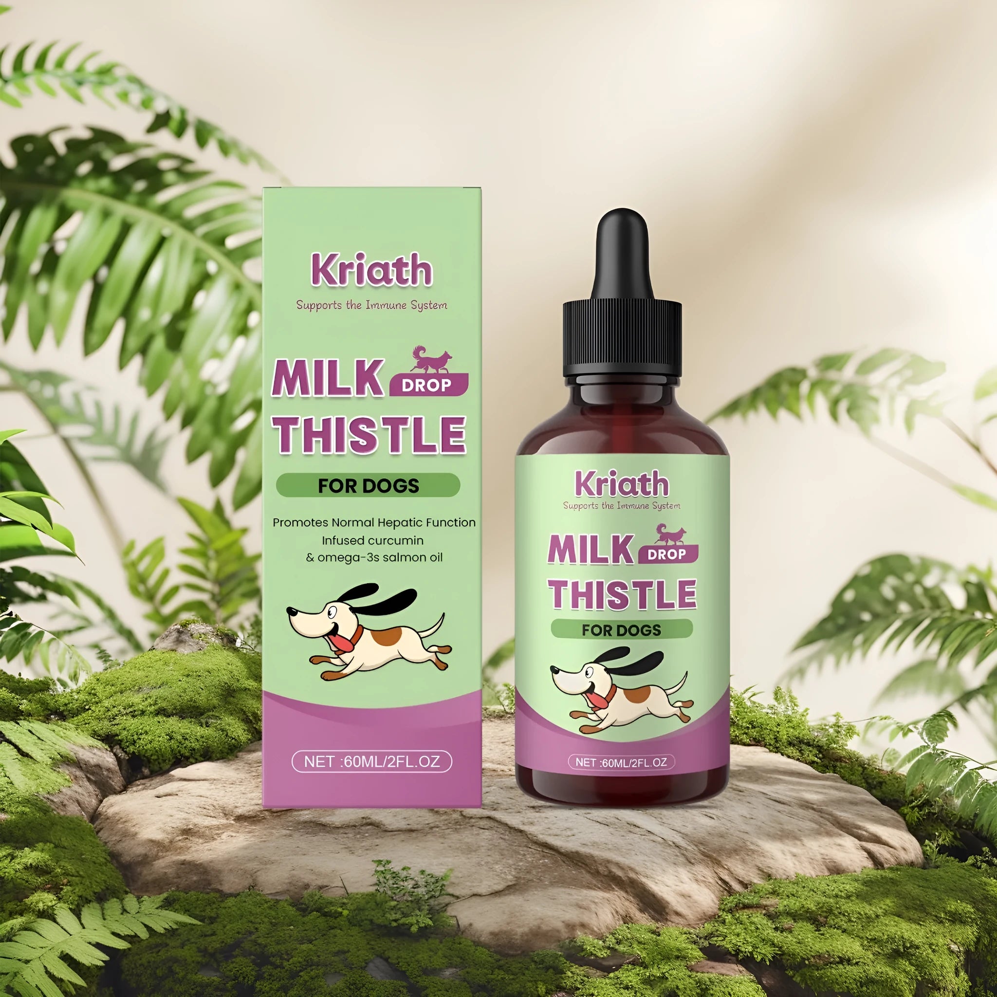 60ml bottle of dog milk thistle extract nutrient solution with turmeric and omega-3 supplements