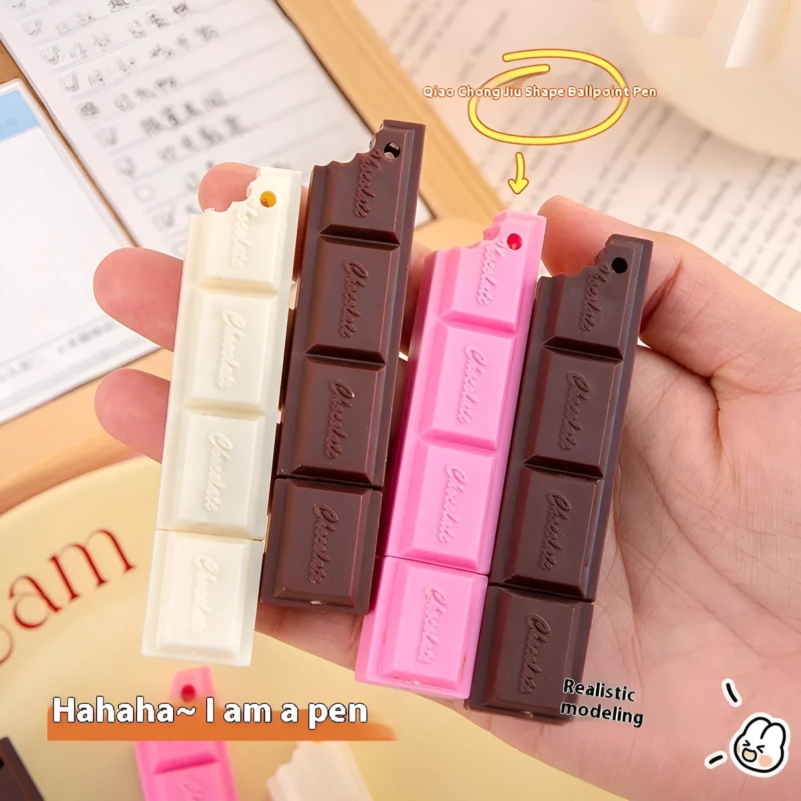 Chocolate ballpoint pen with cartoon food design and 0.5mm bullet tip in pink, beige, or brown