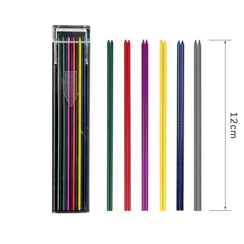 Box containing 12 multi-colour mechanical pencil lead refills for drawing and writing.