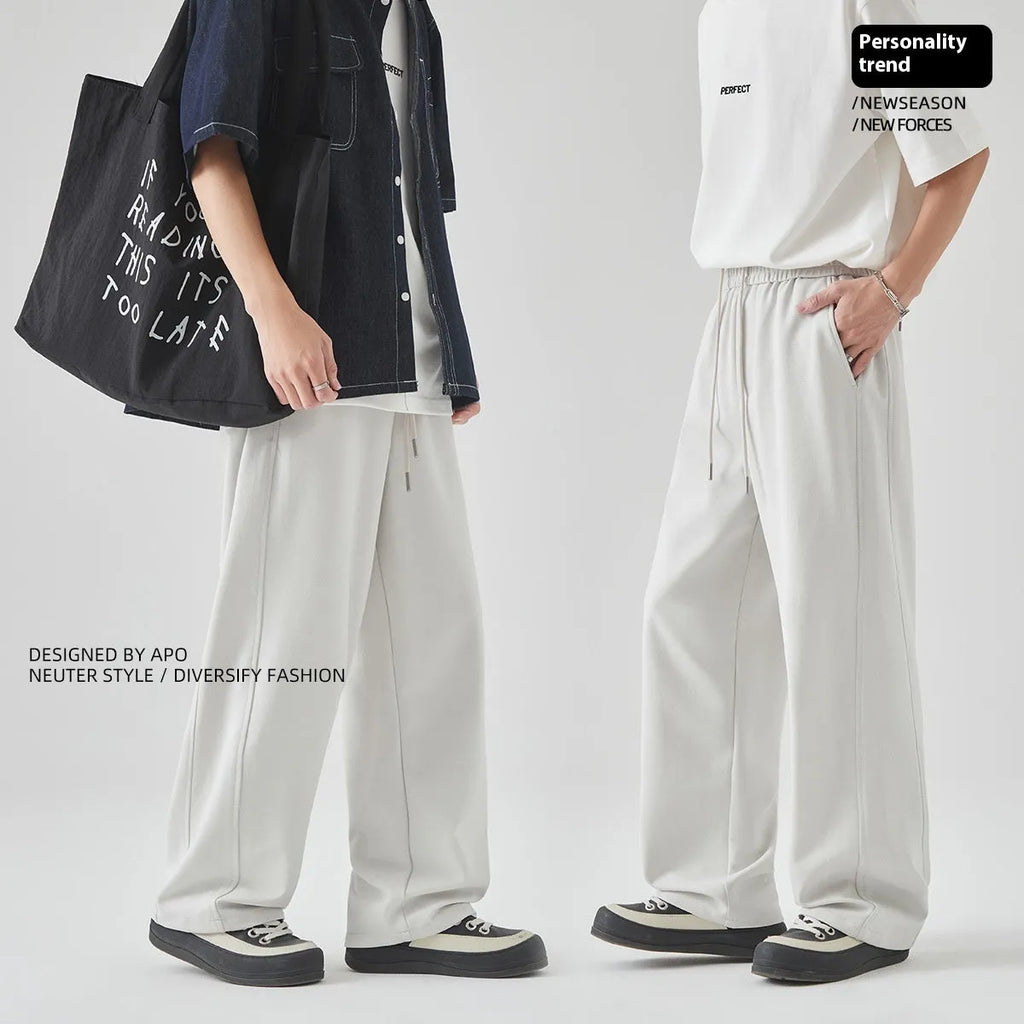 Men's summer casual trousers in black, high-waist straight-leg lace-up cut, cotton-blend fabric