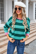 Women's loose fit long sleeve striped acrylic sweater in blue colour
