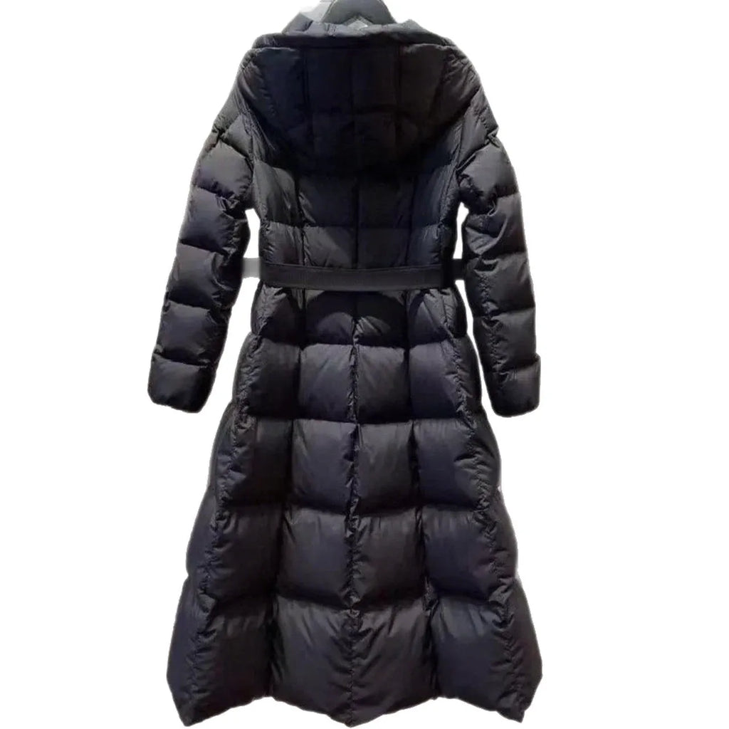 Long casual hooded warm white duck down jacket for women in black, medium length 65cm