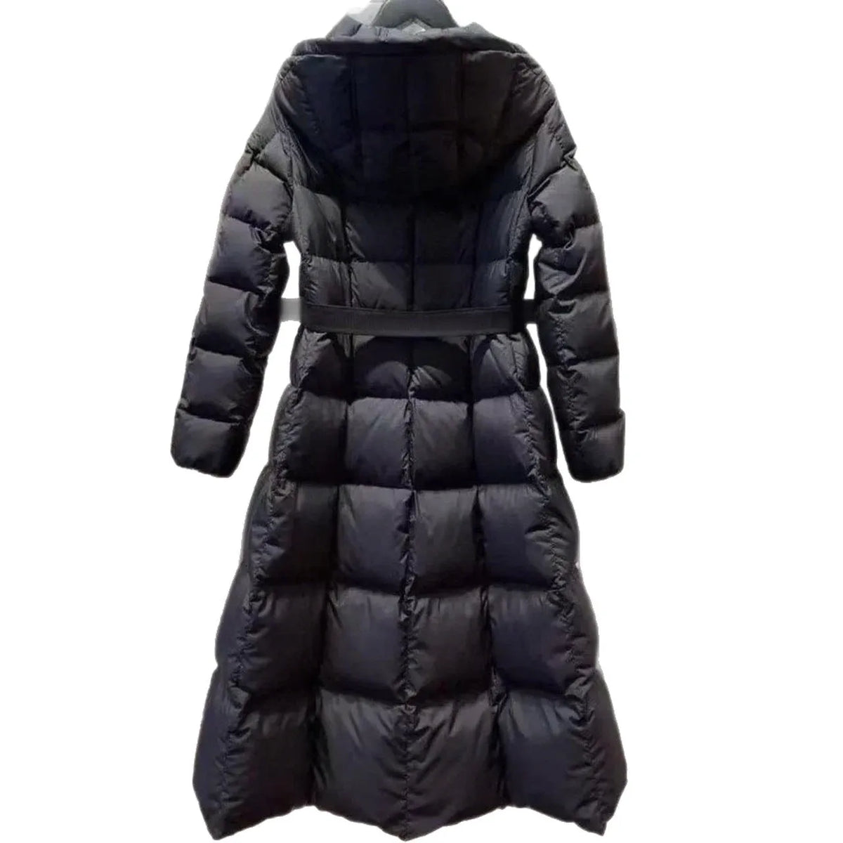 Long casual hooded warm white duck down jacket for women in black, medium length 65cm