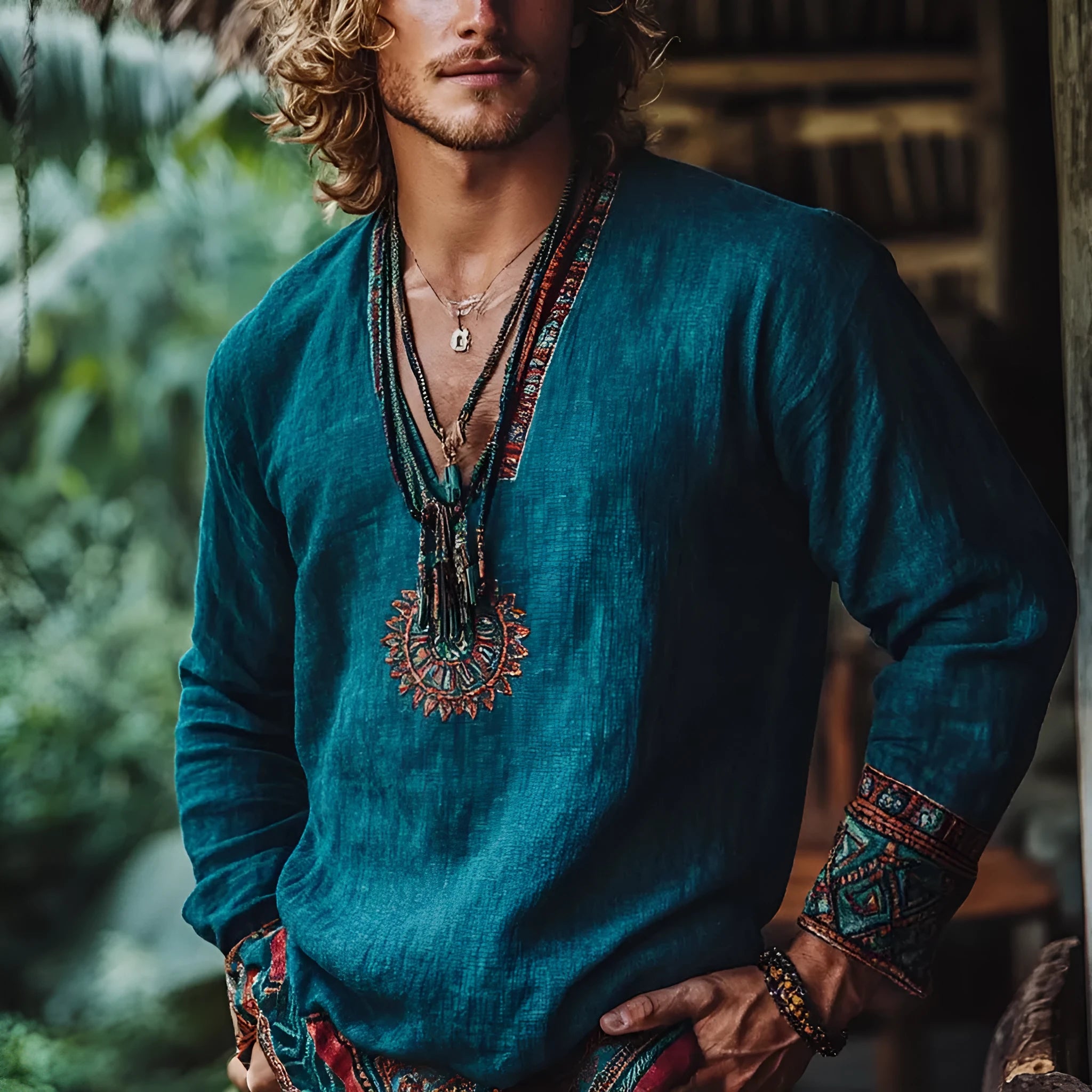 Boho holiday vintage printed long sleeve polyester top with European retro style and digital pattern