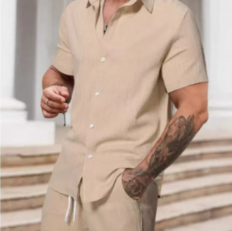 Men's striped casual suit set with short sleeve shirt and matching shorts in colour YT50313P1
