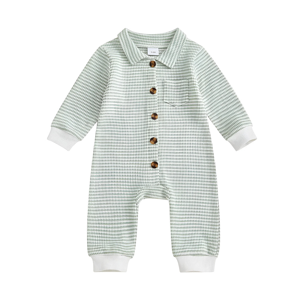 Babies cotton waffle front-open single-breasted long sleeve jumpsuit in light gray