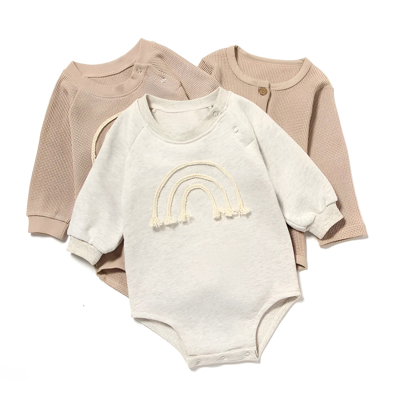 Waffle cotton baby romper with long sleeves in beige colour with cotton rope ties