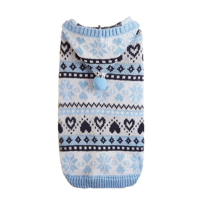 Acrylic knitted dog sweater with snowflake, love heart, and striped camouflage patterns in pink, blue, or grey colours