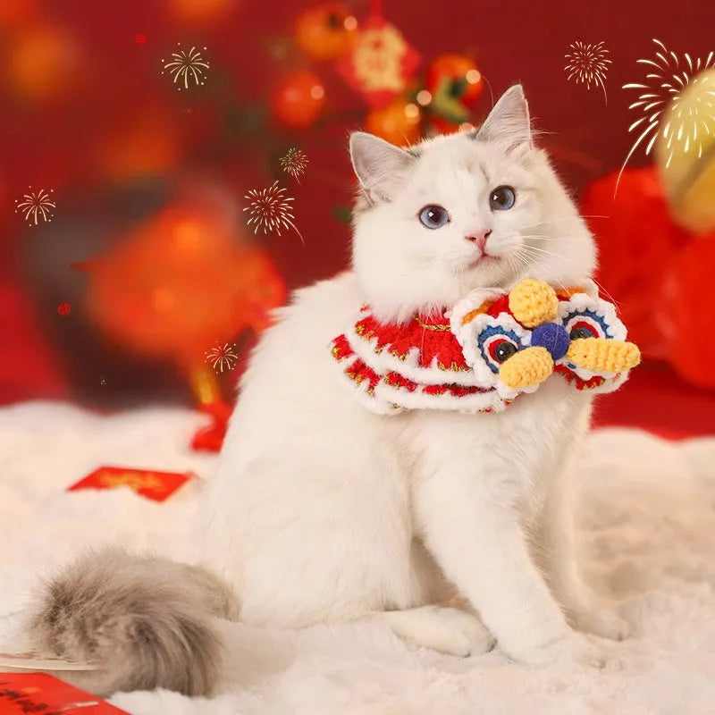 New Year pet scarf collar in Lion Dance Blessing design for cats and small dogs