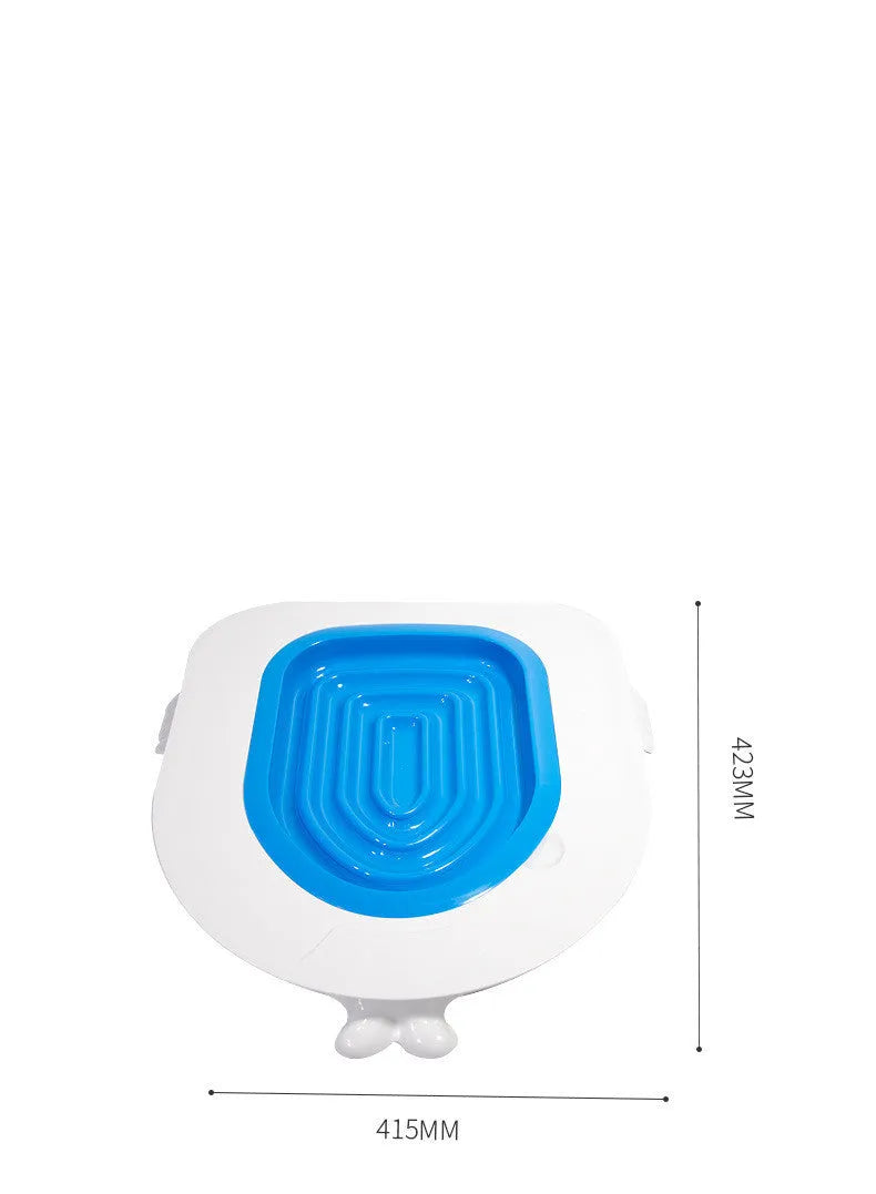 Blue PP cat toilet trainer for household toilet training, 415x423x420mm, on a white toilet seat