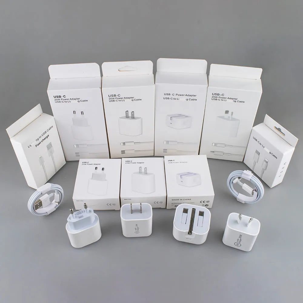 White 20W USB-C PD wall charger with UK three-pin plug.