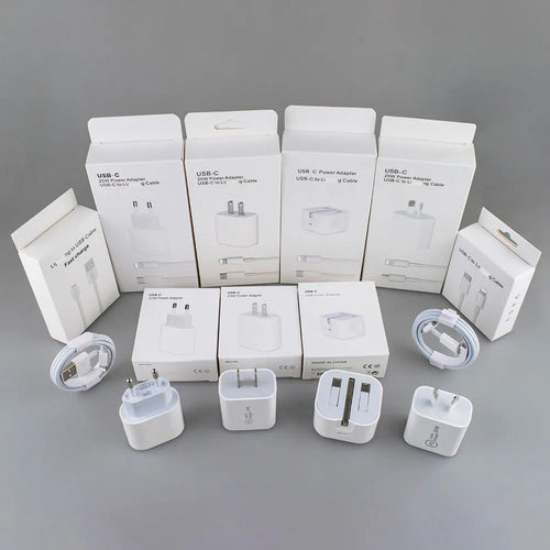 White 20W USB-C PD wall charger with UK three-pin plug.
