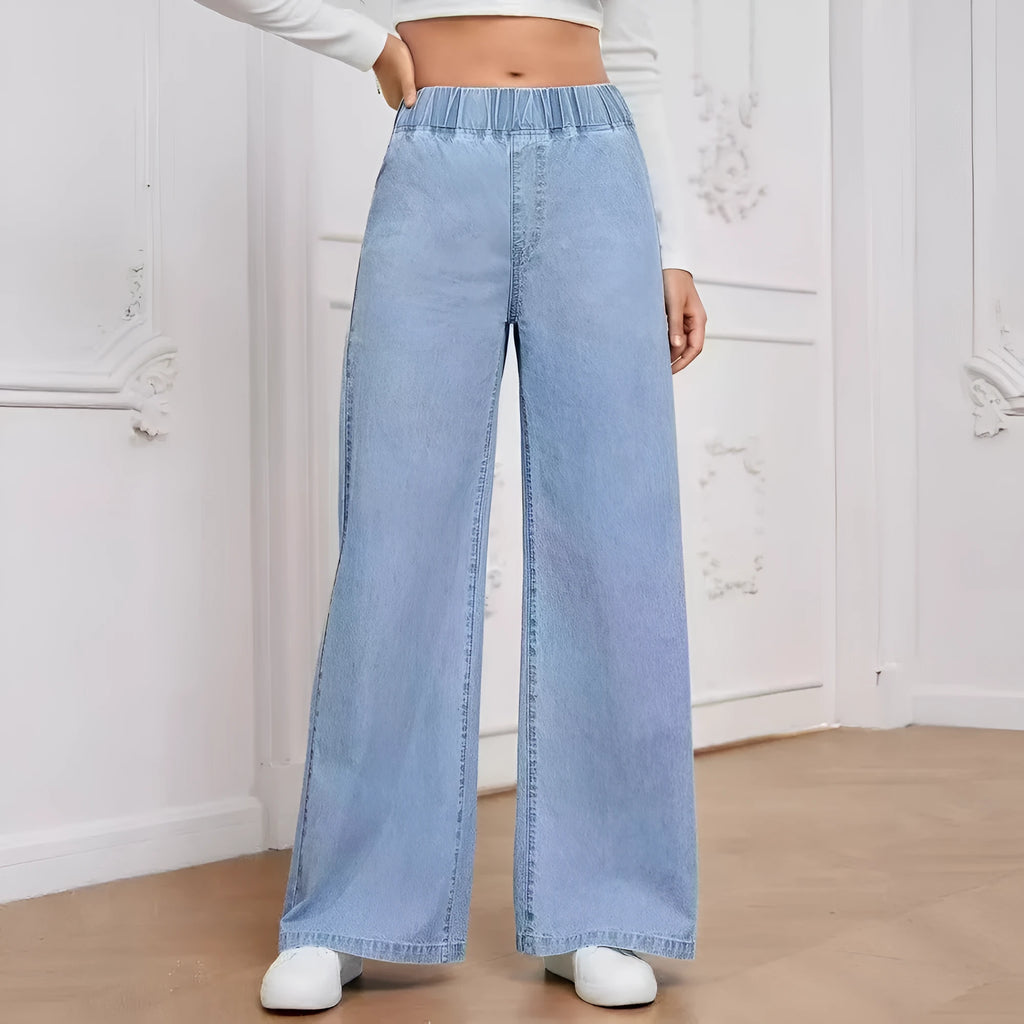 Light blue washed wide-leg women's denim jeans with straight fit and mid-rise waist