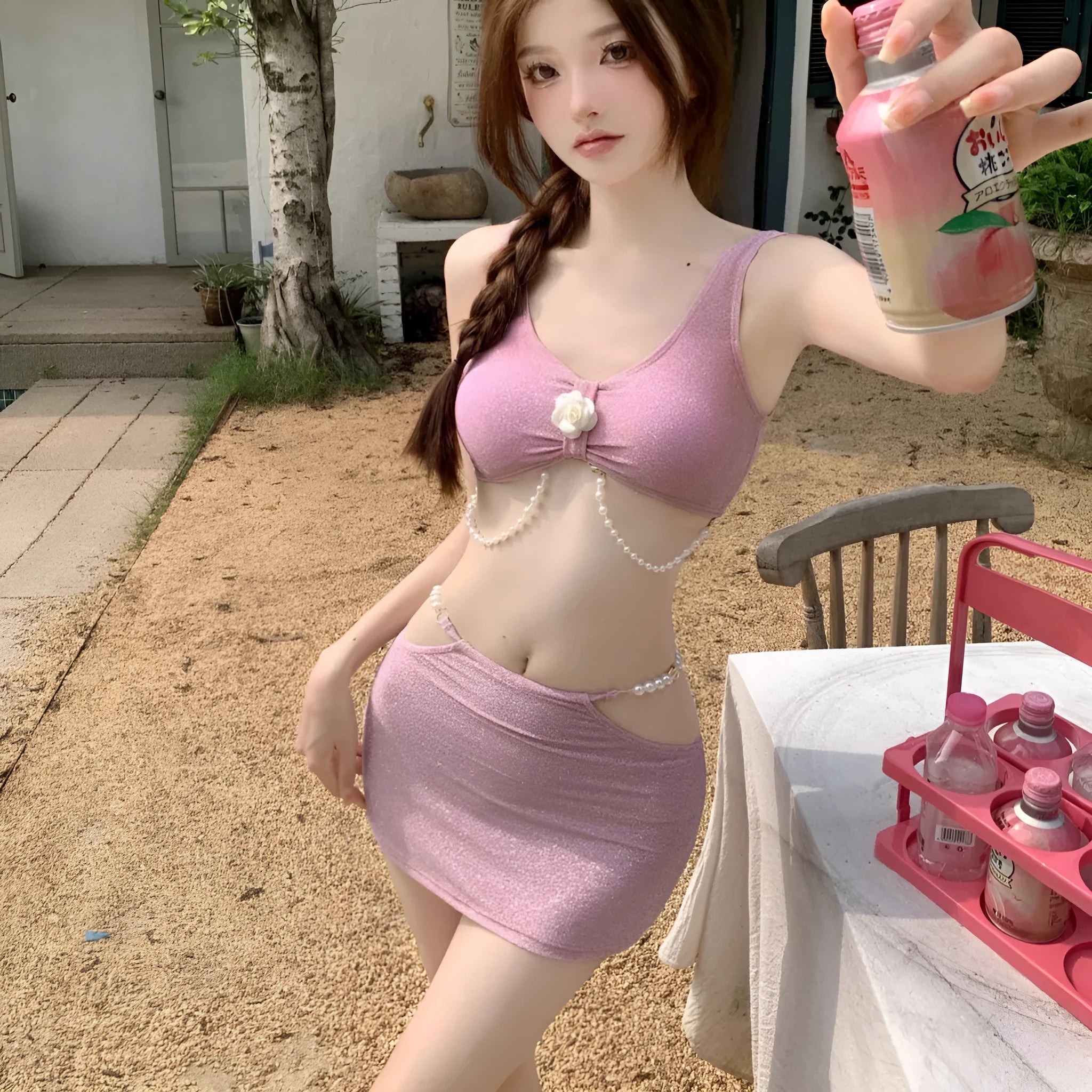 Women's pink and black three-piece polyester bikini set for swimming.